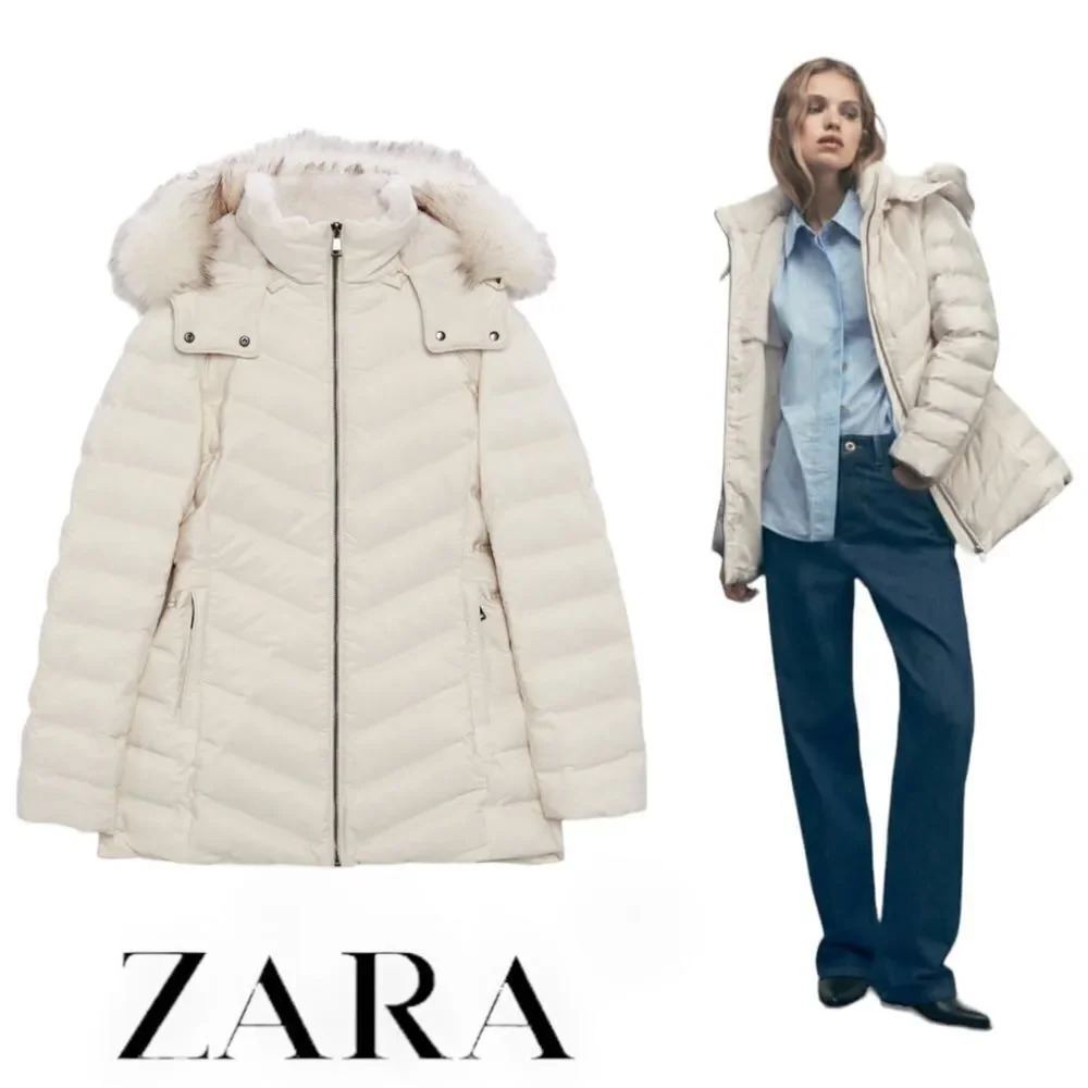 ZARA Ecru Water Wind Protection Hooded Down Coat NWT Size XXL Faux Fur Puffer - Picture 12 of 12